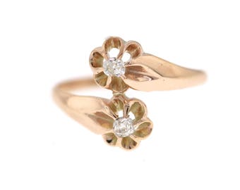 Victorian Rose Gold Moi Et Toi Ring, Two Stone Bypass Old Mine Diamond Ring, Antique Diamond Ring,