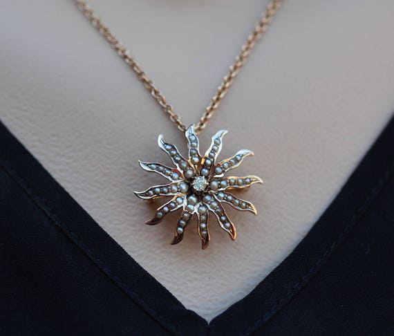 Antique Edwardian Pendant, Rose Gold Sunburst Nec… - image 1