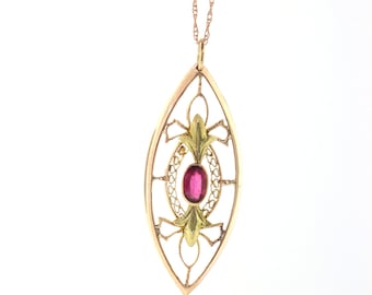 Vintage Ruby Pendant, Rose Gold Ruby Conversion Pendant, Filigree Synthetic Ruby Necklace