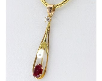 Vintage Ruby Pendant, Yellow Gold Pearl & Ruby Necklace, Synthetic Ruby Pendant