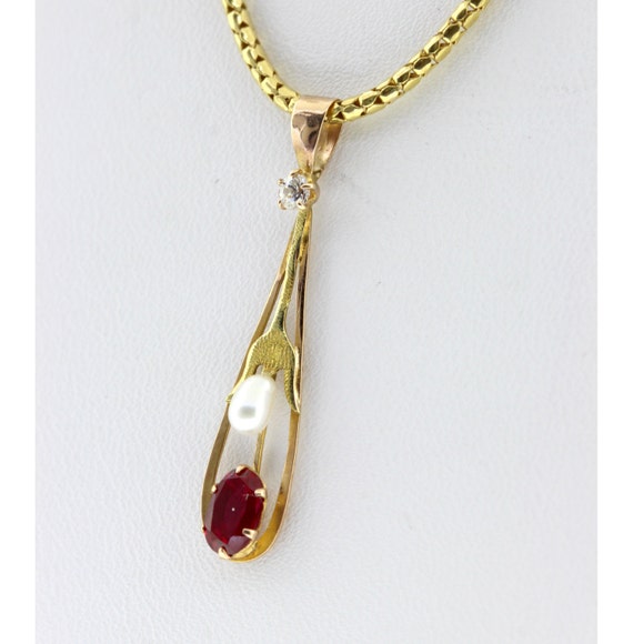 Vintage Ruby Pendant, Yellow Gold Pearl & Ruby Ne… - image 1