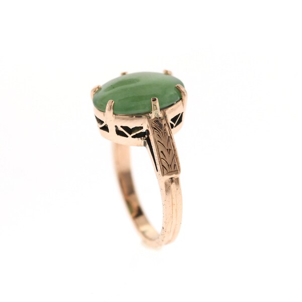 Vintage Jade Engagement Ring, Rose Gold Jade Ring, Hand Engraved Natural Green Jade Ring