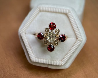 Vintage Diamond & Garnet Ring, Old Mine Cushion Diamond Conversion Ring, Yellow Gold Stick Pin Ring