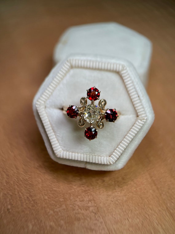 Vintage Diamond & Garnet Ring, Old Mine Cushion Di