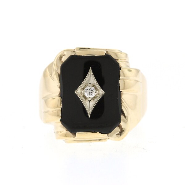 Vintage Onyx Ring, Men's Yellow Gold Diamond Ring, Men's Onyx Ring