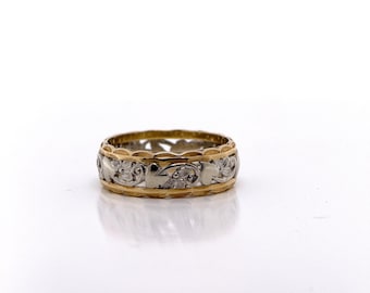 Vintage Two Tone Gold Wedding Band, Yellow Gold Vintage Etched Floral Wide Band