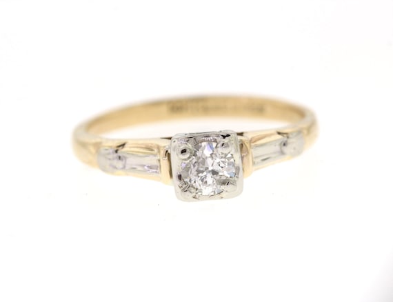Vintage Diamond Engagement Ring, Mid Century Old European Diamond Yellow Gold Ring