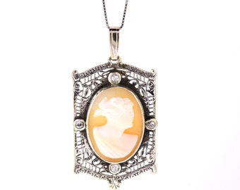 Antique Cameo Pendant, Sterling Silver Diamond Cameo Necklace, Victorian Cameo Necklace