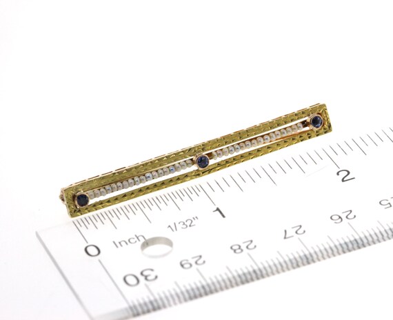 Vintage Sapphire & Seed Pearl Bar Pin, 10k Yellow… - image 3