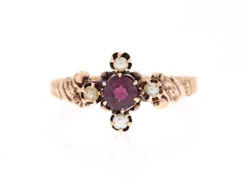Antique Ruby Ring, Victorian Ruby Ring, Rose Gold Doublet Ruby & Pearl Ring