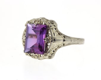 Vintage Amethyst Ring, Art Deco Filigree Synthetic Amethyst Ring, Edwardian Antique Ring, February Birthstone