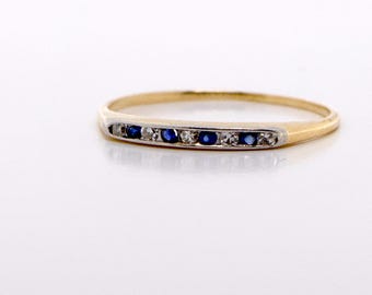 Vintage Yellow Gold Diamond & Sapphire Wedding Band, Minimalist Band