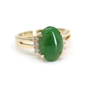 Natural Jade & Diamond Custom Ring, Yellow Gold GIA Untreated Green Jade Ring
