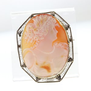 Vintage Cameo Pendant, White Gold Filigree Cameo Pin Pendant, Carved Shell Cameo