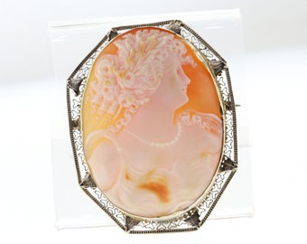 Vintage Cameo Pendant, White Gold Filigree Cameo Pin Pendant, Carved Shell Cameo