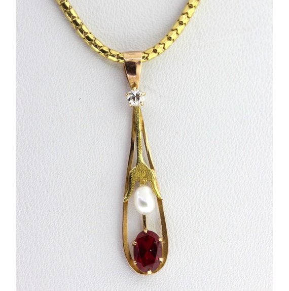 Vintage Ruby Pendant, Yellow Gold Pearl & Ruby Ne… - image 2