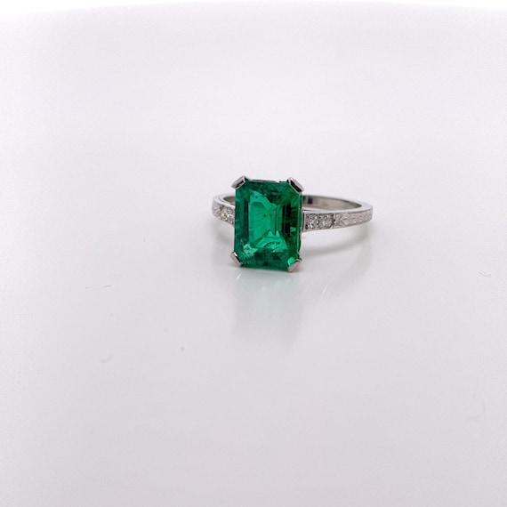 Vintage Emerald Ring, Platinum Art Deco Lab Grown Emerald Engagement Ring, May Birthstone