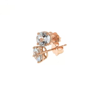 Aquamarine Earrings in 14k Rose Gold, Round Natural Aqua Studs, Genuine Aquamarine March Birthstone