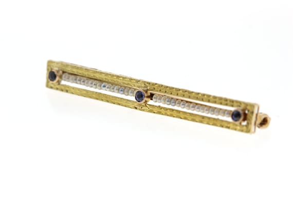 Vintage Sapphire & Seed Pearl Bar Pin, 10k Yellow… - image 1