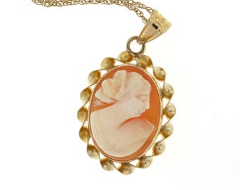 Vintage Cameo-hänge, Cameo-halsband i gult guld, Snäckskal-cameo, Vintage-halsband