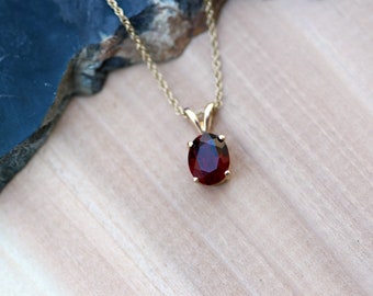 Garnet Pendant, Natural Red Garnet Necklace, Yellow Gold Oval Garnet Necklace, January Birthstone Pendant, White Gold Sterling Silver