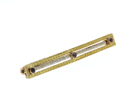 Vintage Sapphire & Seed Pearl Bar Pin, 10k Yellow… - image 2