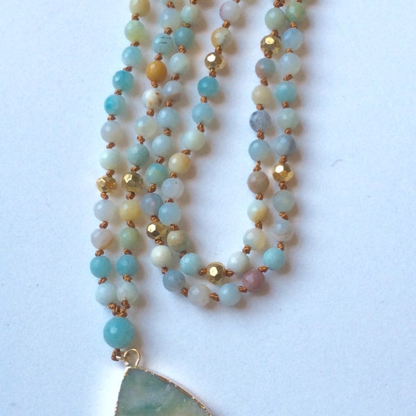 Amazonite Mala 33" Long Necklace w Agate Boho Zen