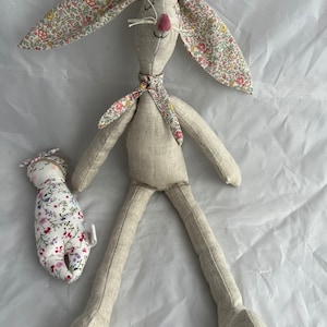 Heirloom Linen and Liberty fabric Rabbits. These adorable rabbits are perfect for a gift for a special one, christening gift or baby shower gifts. Each are super cuddly with liberty inner ears, matching scarf and whiskers.