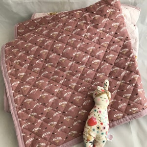 Minissou Mice quilted Fabric Baby play mat or blanket. Large rectangle hand sewn, lightly quilted using a light soft organic cotton with a matching binding and a contrasting cotton backing perfect for Baby Nursery.