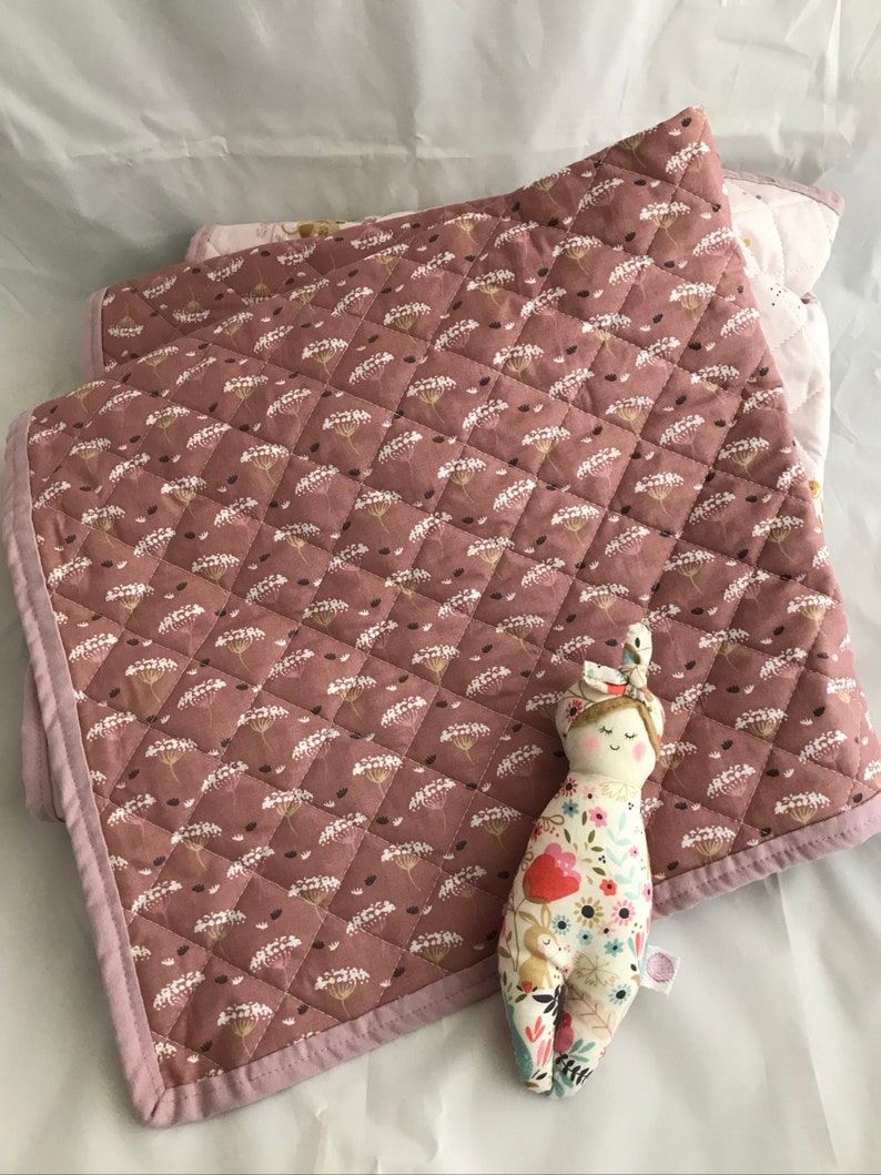Minissou Mice quilted Fabric Baby play mat or blanket. Large rectangle hand sewn, lightly quilted using a light soft organic cotton with a matching binding and a contrasting cotton backing perfect for Baby Nursery.