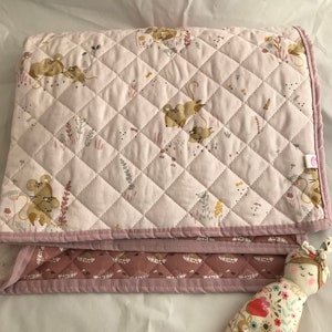 Minissou Mice quilted Fabric Baby play mat or blanket. Large rectangle hand sewn, lightly quilted using a light soft organic cotton with a matching binding and a contrasting cotton backing perfect for Baby Nursery.