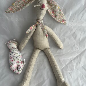 Heirloom Linen and Liberty fabric Rabbits. These adorable rabbits are perfect for a gift for a special one, christening gift or baby shower gifts. Each are super cuddly with liberty inner ears, matching scarf and whiskers.