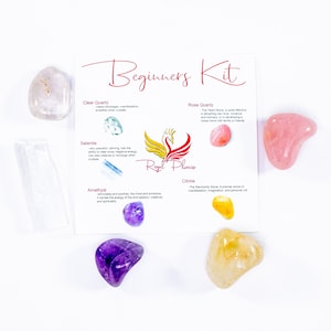 Kit de cristal para principiantes, conjunto de inicio de cristal (selenita, cuarzo de cristal, cuarzo rosa, amatista y citrino), 5 piedras curativas, conjunto de regalo de cristal