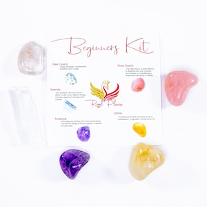 Beginner Crystal Kit, Crystal Starter Set (Selenite, Crystal Quartz, Rose Quartz, Amethyst and Citrine), 5 Healing Stones, Crystal Gift Set