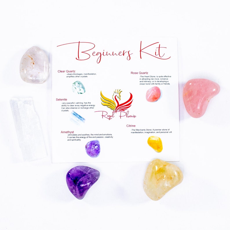 Beginner Crystal Kit, Crystal Starter Set Selenite, Crystal Quartz, Rose Quartz, Amethyst and Citrine, 5 Healing Stones, Crystal Gift Set image 1