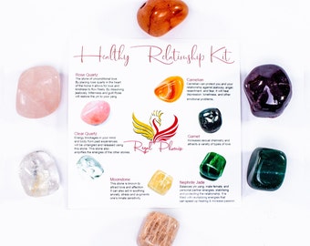 Healthy Relationship Kit, Love Relationship Crystals Set (Rose Quartz, Carnelian, Garnet, Clear Quartz, Nephrite Jade and Moonstone)