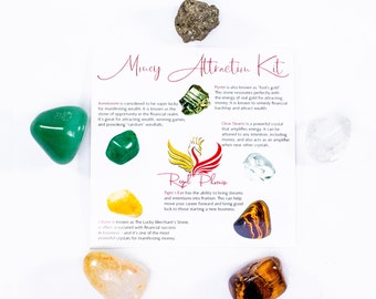 Money Attraction Kit, Crystals For Money, Wealth & Abundance, Money Stones (Pyrite, Crystal Quartz, Tigers Eye, Aventurine and Citrine)