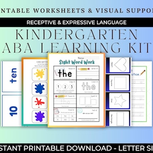 May include: A set of printable worksheets for kindergarten ABA learning, featuring activities for receptive and expressive language. The worksheets include sight word work, card matching, and shape tracing. Text includes "ten", "the", "heart", "square", "star", and "rectangle".