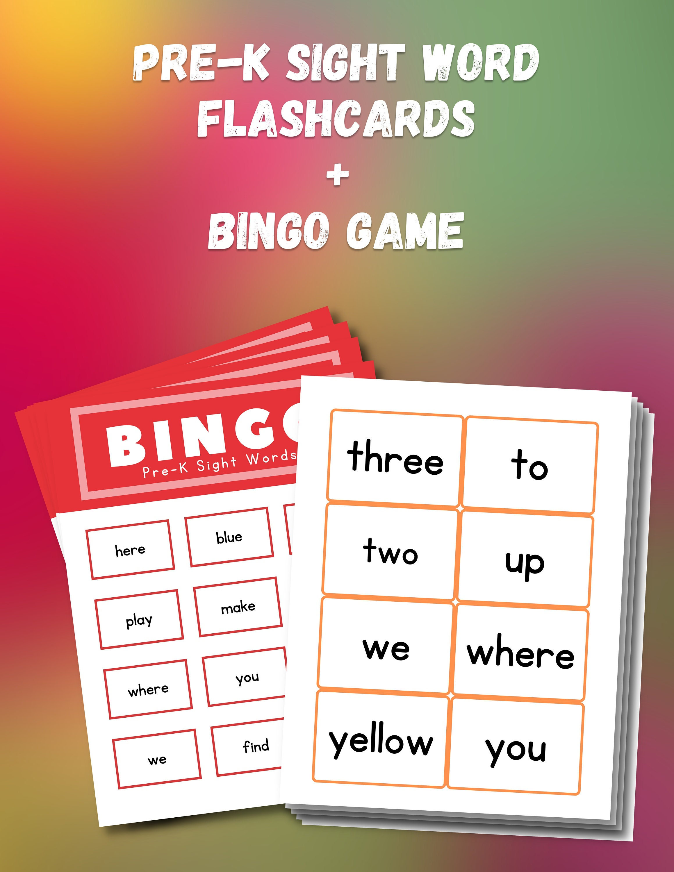 Printable | Dolch Sight Words | Pre-K | Flashcards | Bingo Card Set | Bingo Markers
