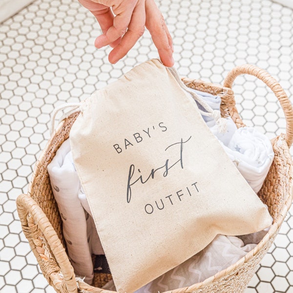 Baby's First Outfit, First Outfit Storage Bag, go home outfit gender neutral, Clothing storage bag, small baby shower gift, memory box baby