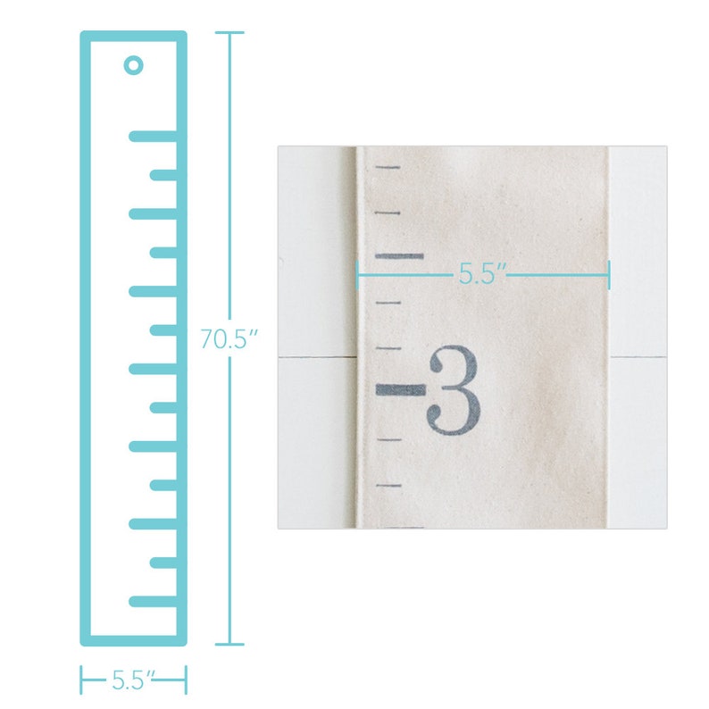 May include: A white canvas growth chart with a black ruler and the number "3" printed on it. The chart measures 70.5 inches tall and 5.5 inches wide.