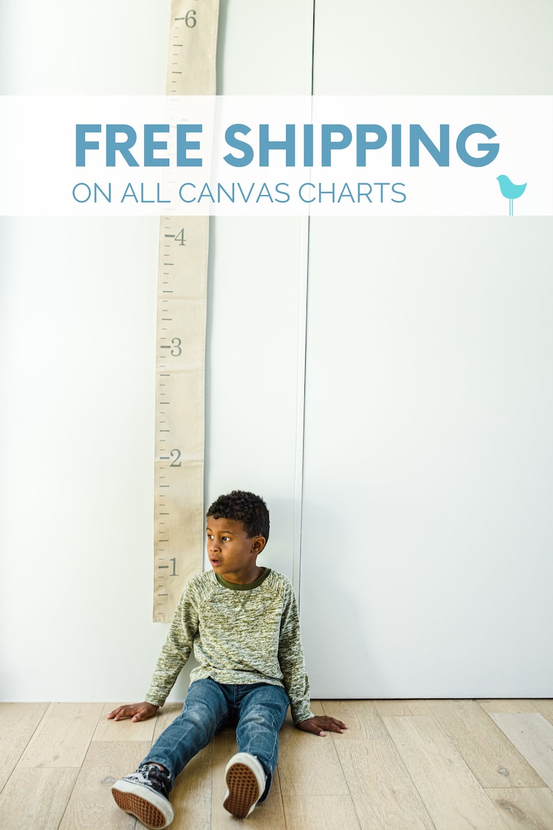 May include: A young boy sits on the floor in front of a canvas growth chart with the text "FREE SHIPPING ON ALL CANVAS CHARTS" and a blue bird icon. The chart is marked with numbers from 1 to 6.