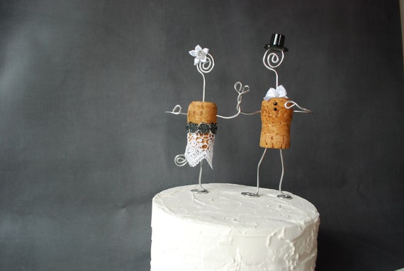 CHAMPAGNE Heart WEDDING Cake Toppers, Wine Inspired, White Satin Flower & Bow, Holding Hands, Heart Shaped, Unique Wedding Cake, Custom Made Il_570xn