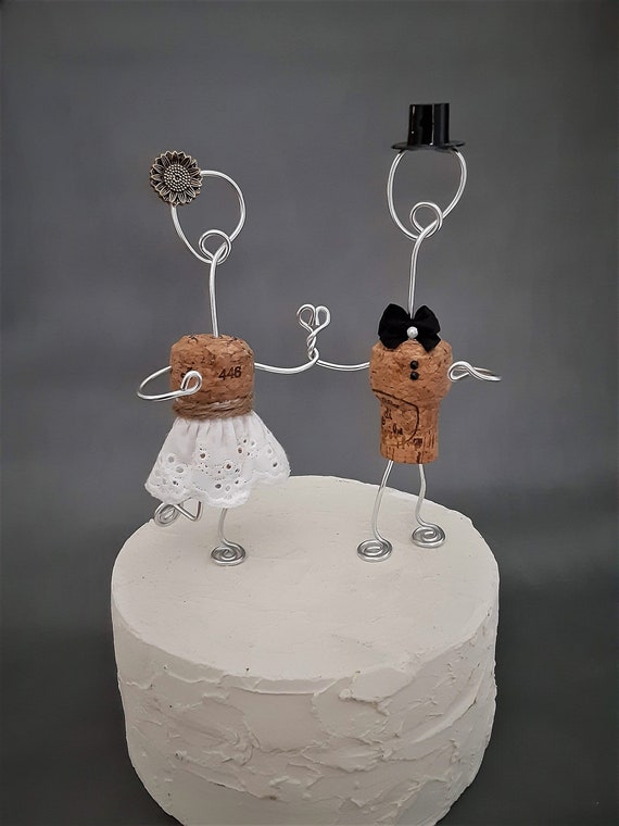 SUNFLOWER WEDDING Cake Toppers, Personalized Champagne Cork, Black Tie Wine Cork Topper, Heart Shaped, Rustic Wine Bride, Handmade in PNW Il_570xn