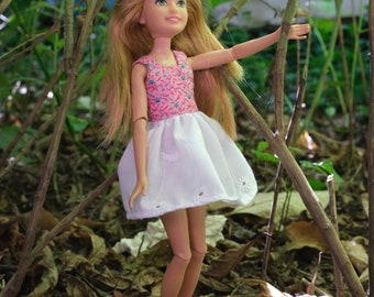 Dress for 9inch (22cm) Fashion Doll with pink patterned bodice and white skirt