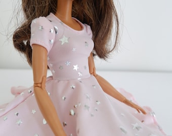 11.5" Fashion Doll Dress in Pink Stretch Fabric with Silver Stars and Hearts