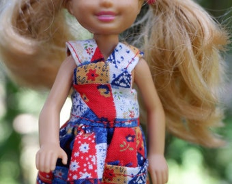 5.5" (14cm) Doll Dress in Red, White and Blue Check with Real Pockets