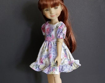 Dress with Puff Sleeves for 15" (38cm) Doll in Soft Purple and Pink Abstract Floral Print
