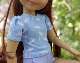 14.5-15" Doll T-shirt  with Short Puffed Sleeves, Blue with White Dandelion Print
