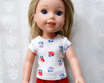 White T-shirt Top with Flower Print for 14 inch (35cm Doll